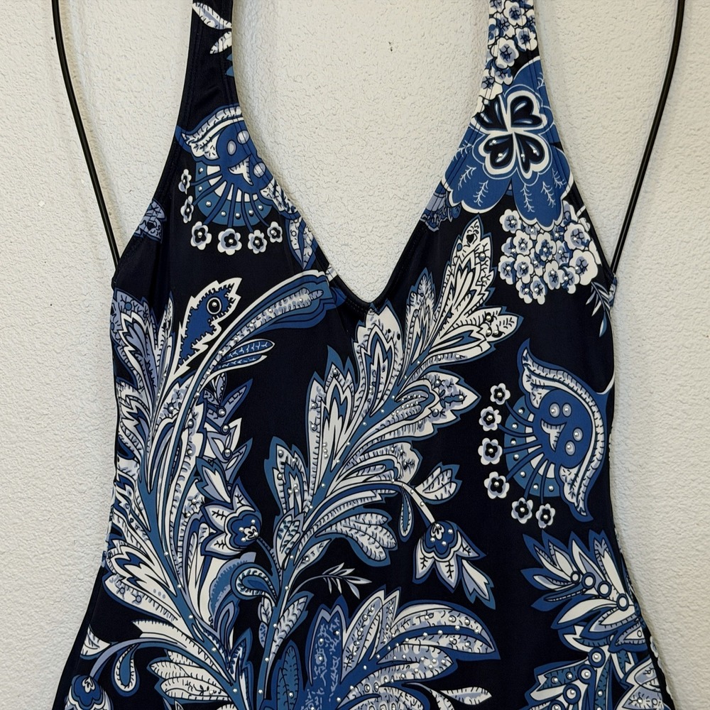 Lauren Ralph Lauren One Piece Swimsuit Size 10 Blue Floral Studs Padded Slimming - Picture 3 of 9